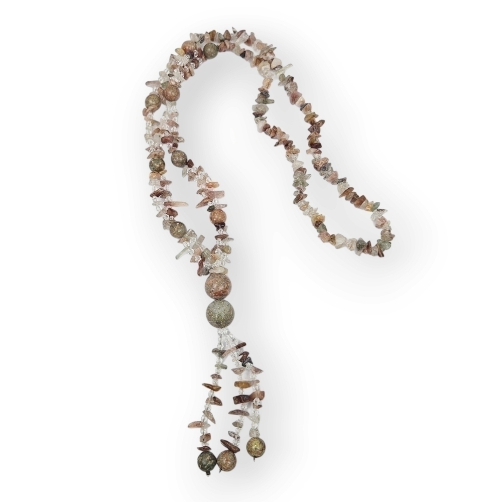 Gemstone Lariat Tassel Necklace Chip Sphere Autumn Jasper Chrysocolla Quartz 30"